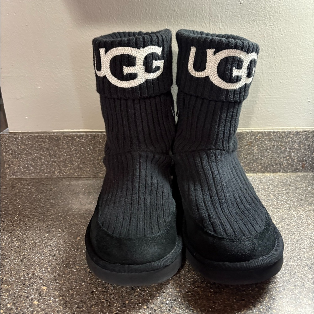 UGG Black and Cream Cable Knit Boots
